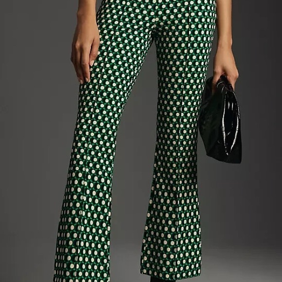 Anthropologie Pants - Anthropologie Green and White Polka-Dot Cropped Flare Pants